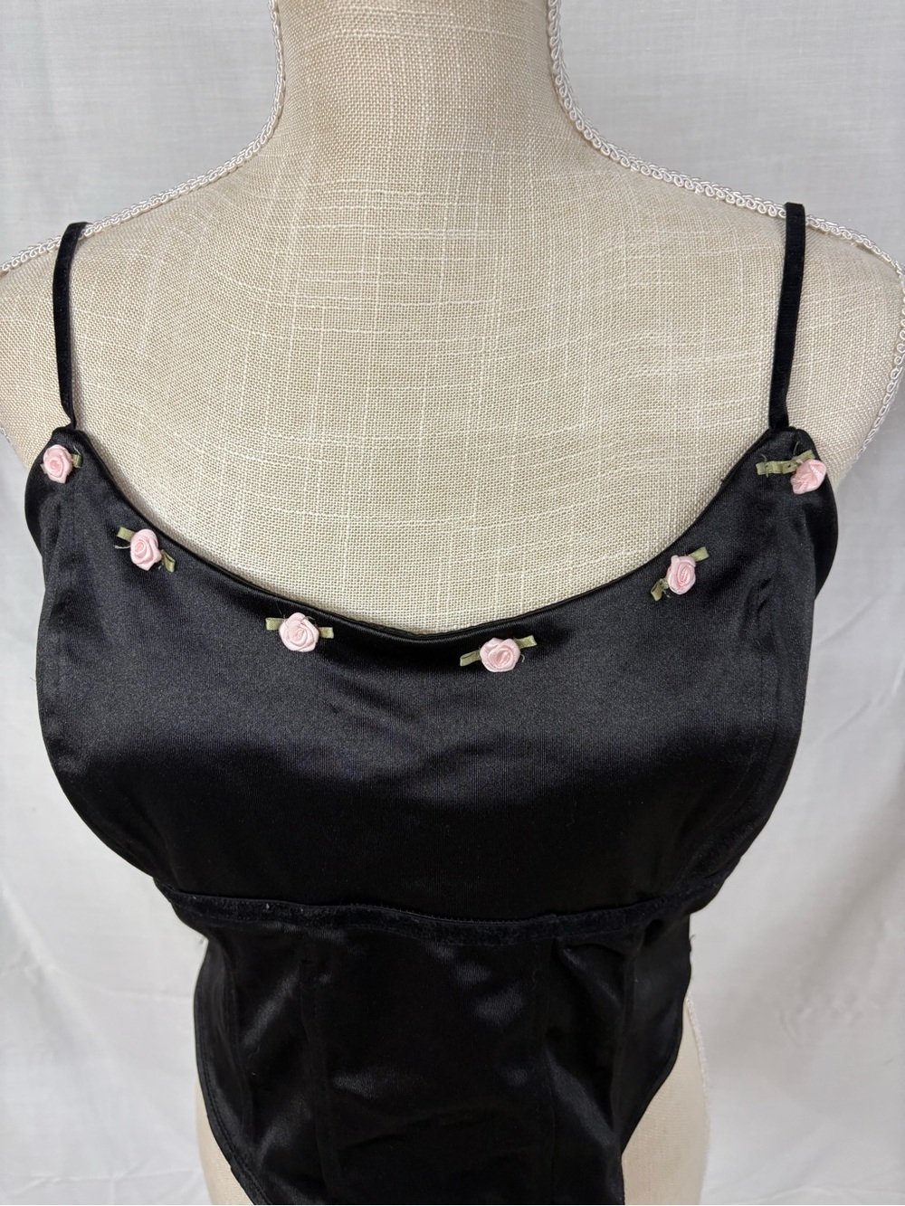 Black Satin Wild Fable Corset Top with Pink Rose Embellishments Summer - Picture 2 of 13